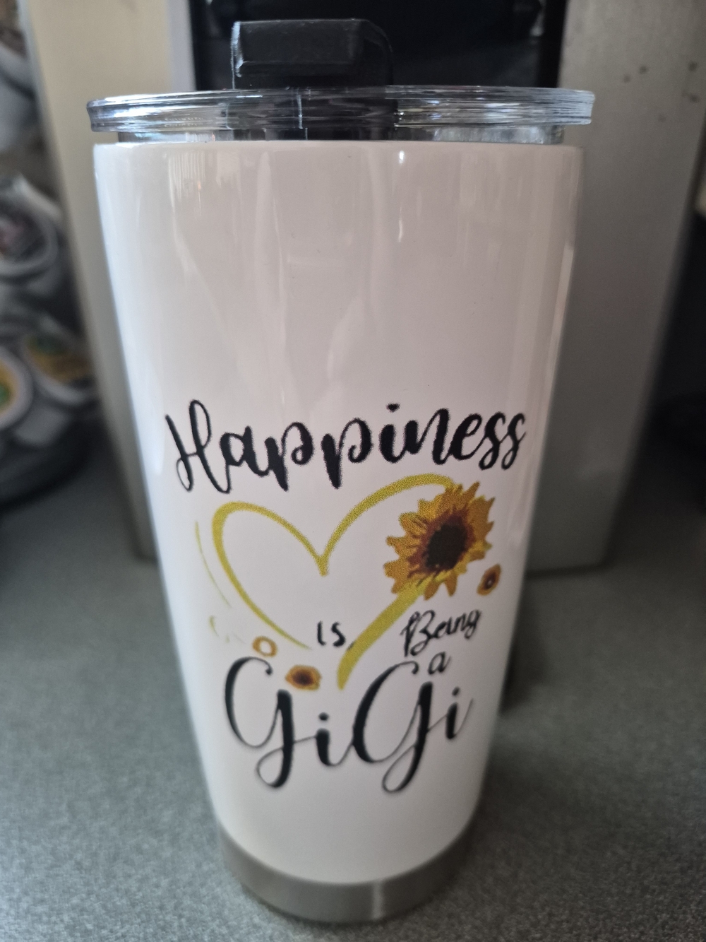 Happiness Is Being a GiGi White Stainless Tumbler with Sunflower Design